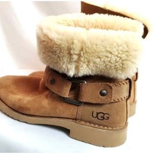 UGG Boots Womens 9.5 Cedric Biker Brown Suede Fur Ankle Top 1012360